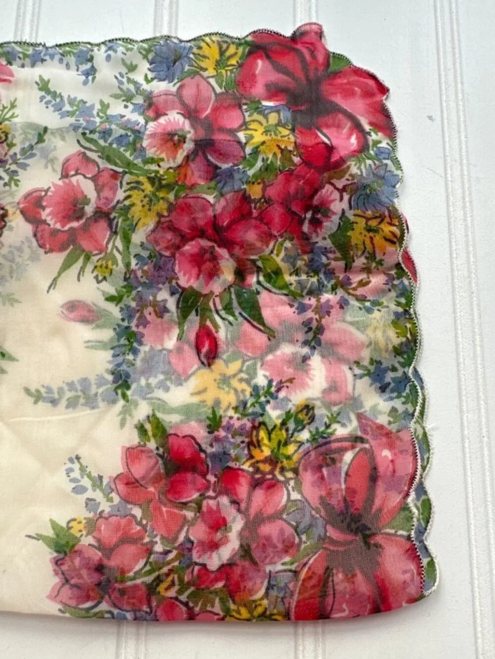 Vintage Sheer Floral Handkerchief Cream Multicolor 13 Inches Scalloped Edge